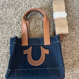 True Religion Blue Mini Denim Tote with Tan Leather